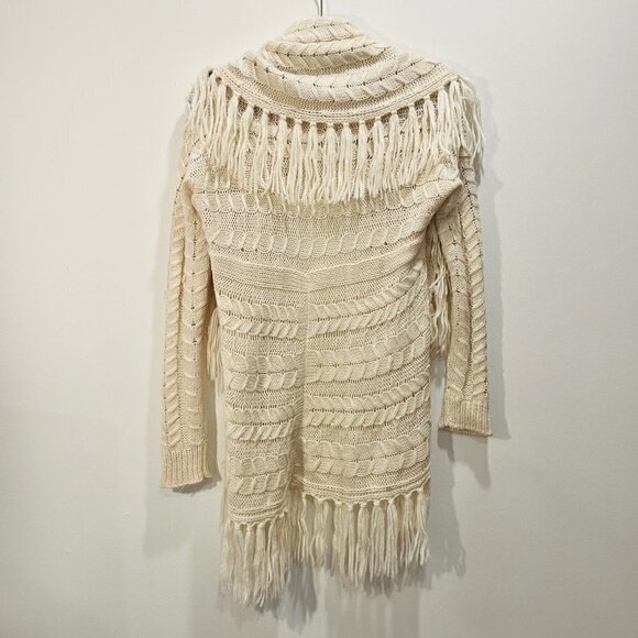 BB Dakota Karli Fringe Cream Long Cable Knit Wool Shawl Cardigan Coastal Duster - Picture 11 of 16